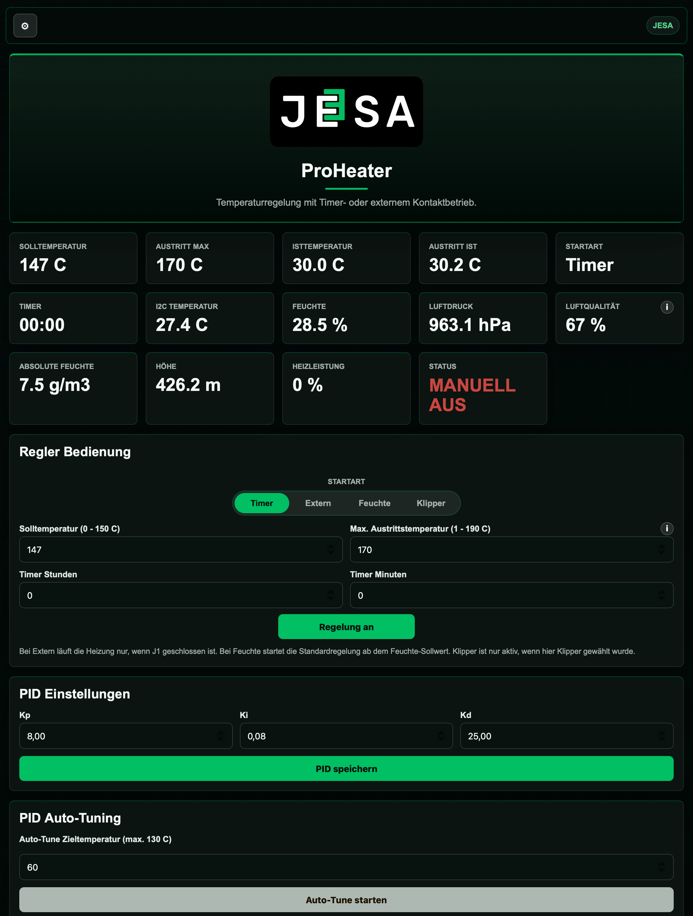 JESA ProHeater – Mobiler High-Temperature Heizregler für 3D-Druck-Bauraum & Trockenbox | bis 150 °C Raum / 190 °C Auslass